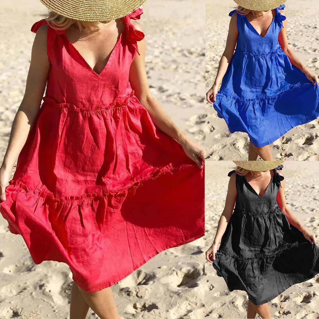 

FREE OSTRICH Women Ladies Fashion Dot V Neck Short Sleeve Plus Size Loose Cotton and Linen Button Women Dress Summer Lady