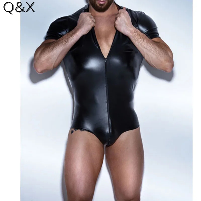 LK33 Men S-3XL Bodysuit Faux leather Bodysuit Plus Size Underwear Stage Dance Wear Corsets Men Body Jumpsuit PVC 2018 Style briefs for women