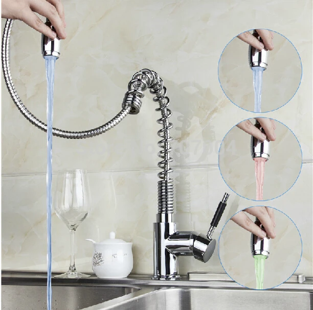 Polished Chrome Color Changing Led Pull Out Kitchen Sink Faucet Single