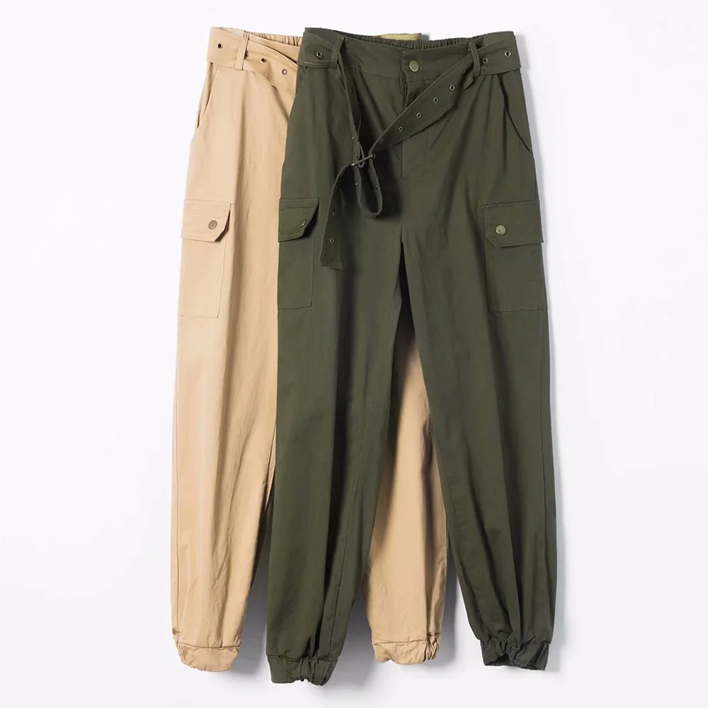 

ANSFX Street Wear Sashes With Belt High Waist Elastic Cuff Overalls Zipper Waist Trousers Casual Ankle-Length Pants 2 Colors