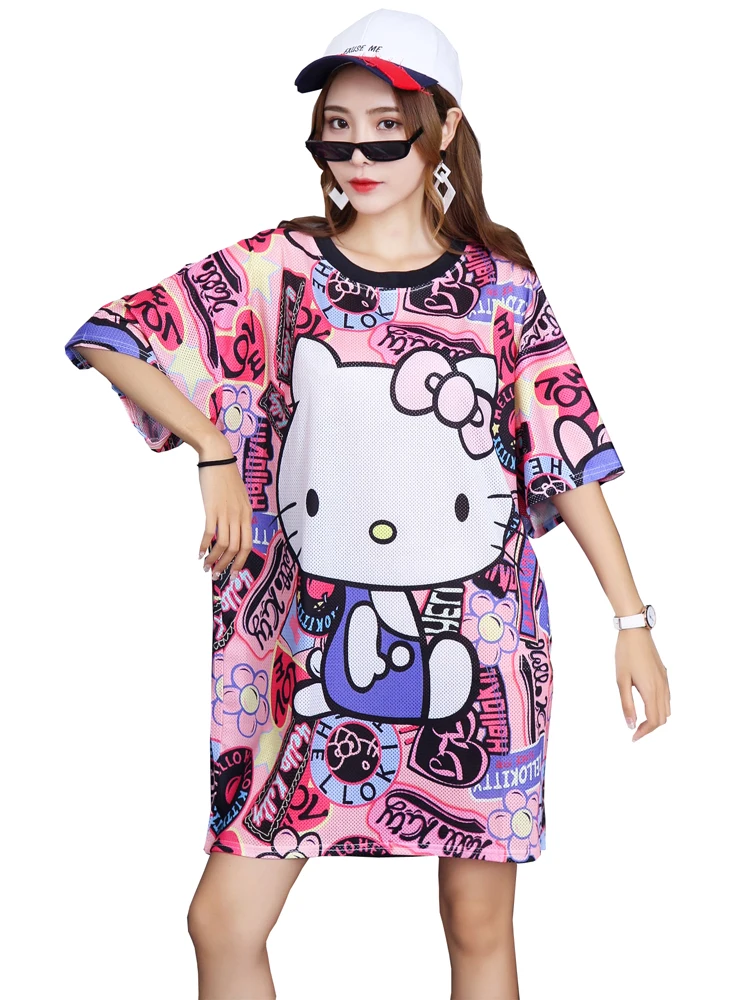 

Quick-Drying Tops Harajuku Fashion Mid-Long Loose Women T-Shirt Sweet Cute Cartoon KT Print Student T-Shirt Summer Women Tops