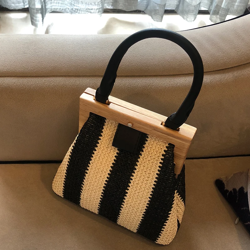 Straw Bag Wooden Clip Women Shoulder Bag Travel Beach Bag Handbags Women Bags