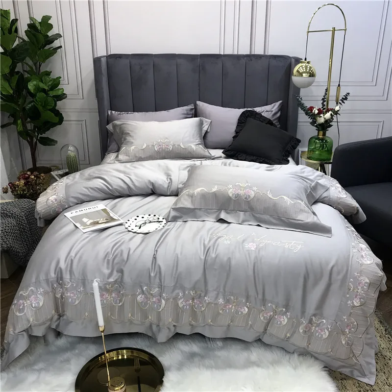 

-Luxury embroidery Egyptian Cotton Bedding Set Duvet Cover Sheet Pillowcase King Queen Size pink Gray green lace Bed Linen