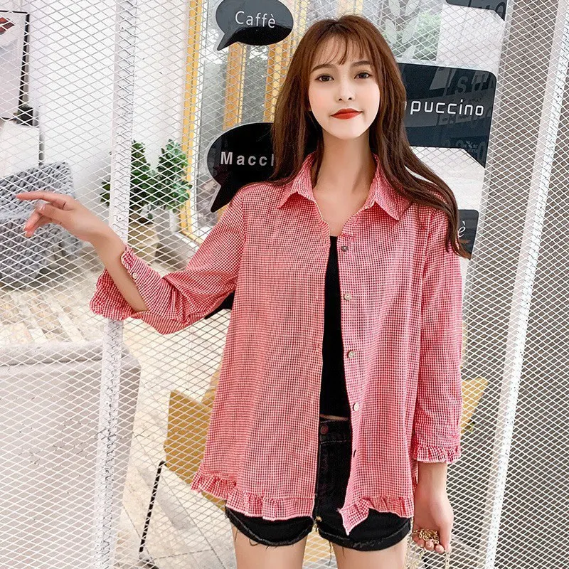 

Vintage 2019 New Fashion Plaid Blouses Women Summer Casual Loose Long Sleeve Blouse Shirt Ruffle Blouse Office Lady Tops