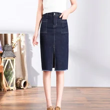 ; Новинка года; сезон лето-весна; женская джинсовая юбка с высокой талией для девочек; Длина выпрямленного колена; джинсовая юбка большого размера 26-40