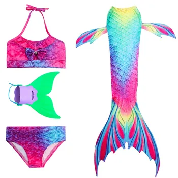

Mermaid Tails Costumes,New Girls Swimming Mermaid Tail With Monofin Cosplay Costume Children Kids Swimsuit Dress 3pcs Bikini Set