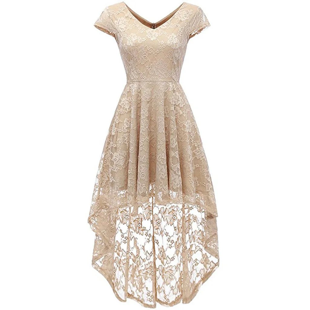 

Fashion Women Solid V-Neck Short Sleeve Floral Lace Patchwork Her Full Dress girls summer beach chiffon elegant #g2