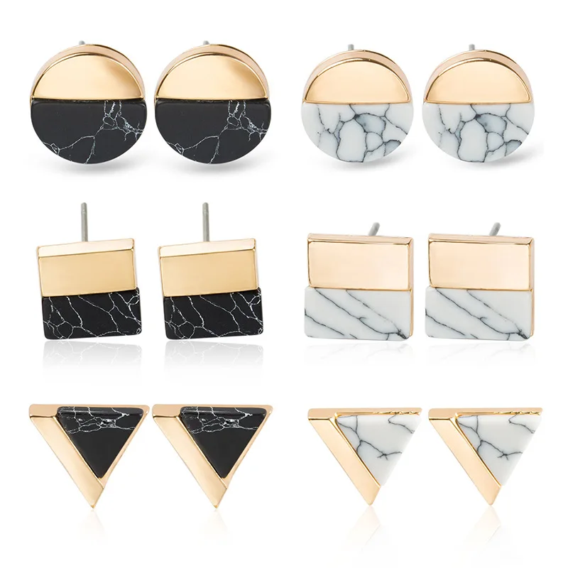 

Fashion Design Square Triangle Round Geometric Marbled White Black Stone Stud Earrings For Women Charm Jewelry Christmas Gift