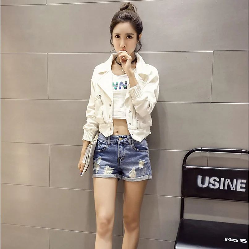 Image 2017 spring new BF Harajuku wind handsome white denim jacket self cultivation long sleeved small jacket short jacket female tide