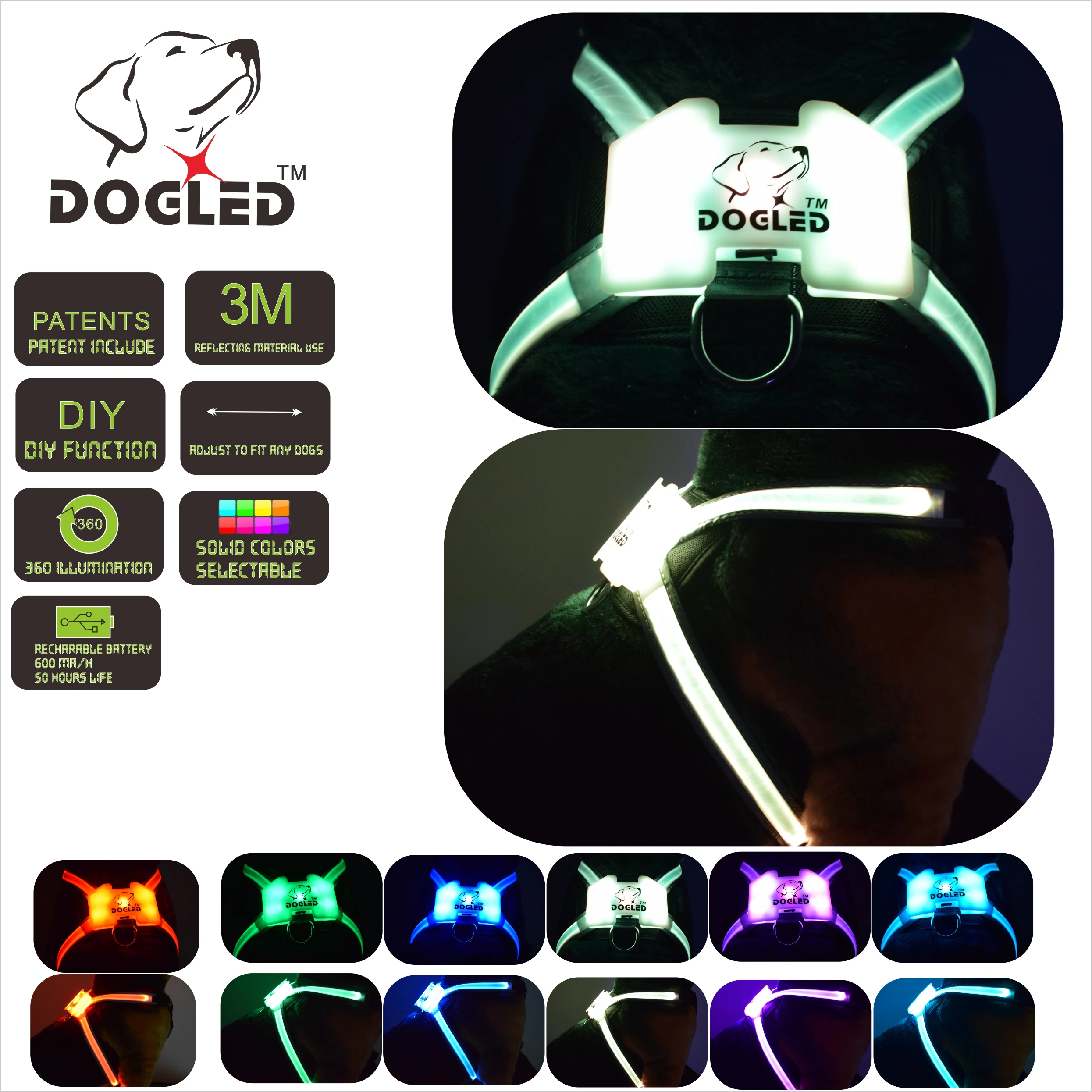 

led dog harness multicolor 7 in 1 USB rechargeable multi function dog harness rainroof DIY dogharness large size
