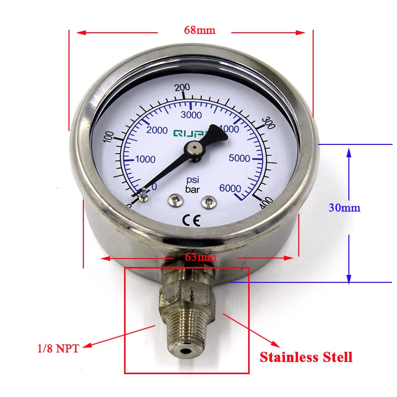 QUPB PCP Paintball 400bar High Pressure Gauges liquid Filled Stainless Steel Case Lower Mount Connection 63MM 1/8NPT GEL001