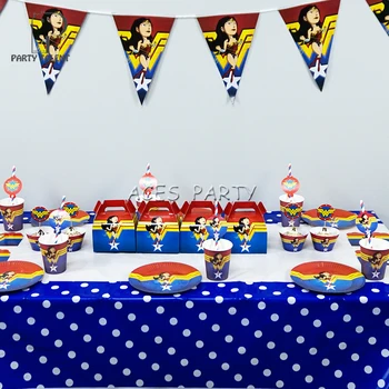 

Party supplies 86pcs for 12 kids Wonder Woman theme birthday party decoration tableware set, plate+cup+straw+banner+candybox