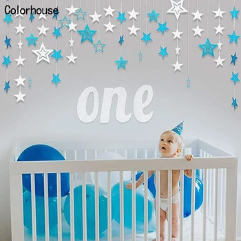 

4sets Blue Silver Star Garland Wedding Birthday Party Banner Christmas Party Bunting For Baby Shower Birthday 1st Boy Banner