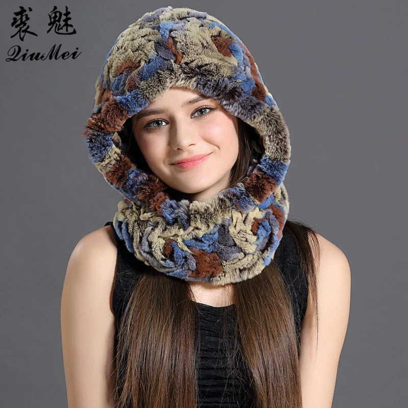 

QiuMei Plush Ladies Real Fur Caps Russian Fur Caprex Rabbit Fur Winter Warm Furry Hat Russian Hat Earflaps Hat Ushanka Hats