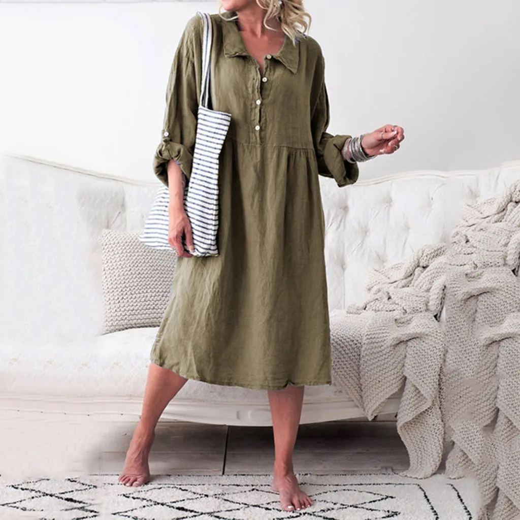 

Fashion Summer Solid Loose Style Mid-Length Dress Coton and Linen Loose Long Sleeve Dress Sundress Women's Casual Party Dress