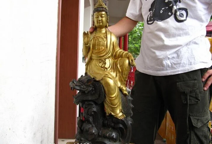 

USPS to USA S0593 28" Chinese Large Bronze Copper Gild Bodhisattva Ride on Dragon fish Statue (B0413)