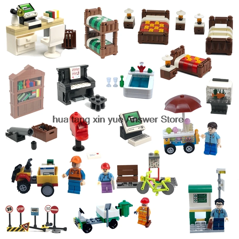 

Legoing MOC Creative sofa bed Telephone computer desk chair garbage truck traffic sign ice cream car DIY Kid blocks toy Legoings