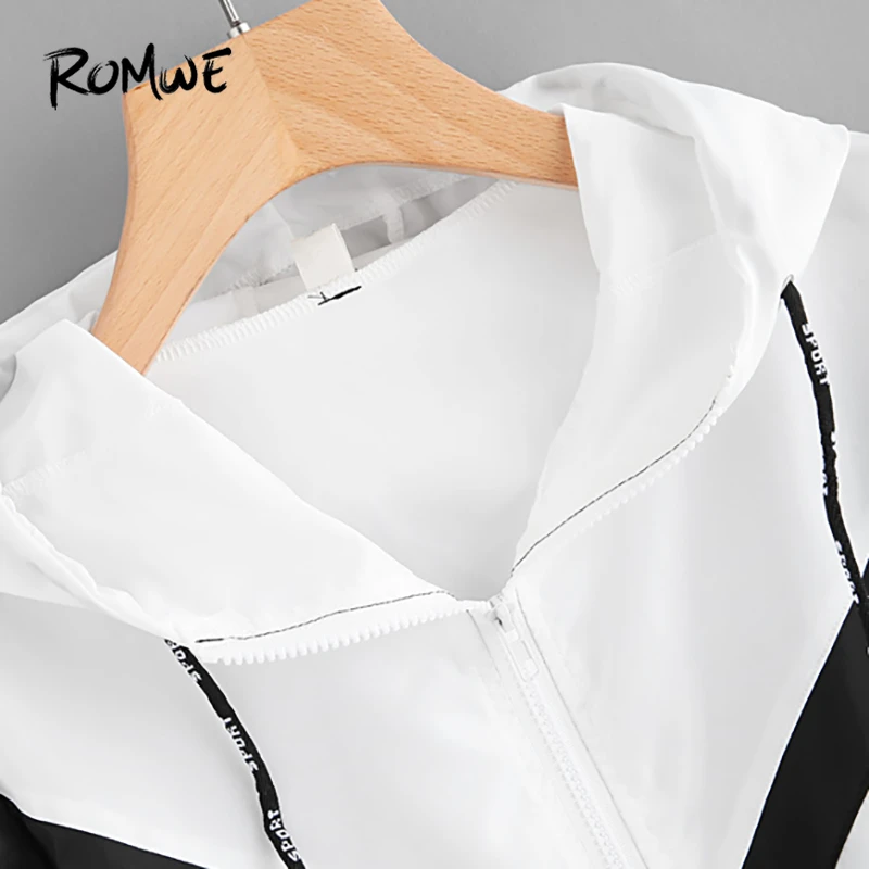 incredible  ROMWE Two Tone Hooded Zip Up Jacket Women Spring Autumn Casual Color Block Clothing Female Black an