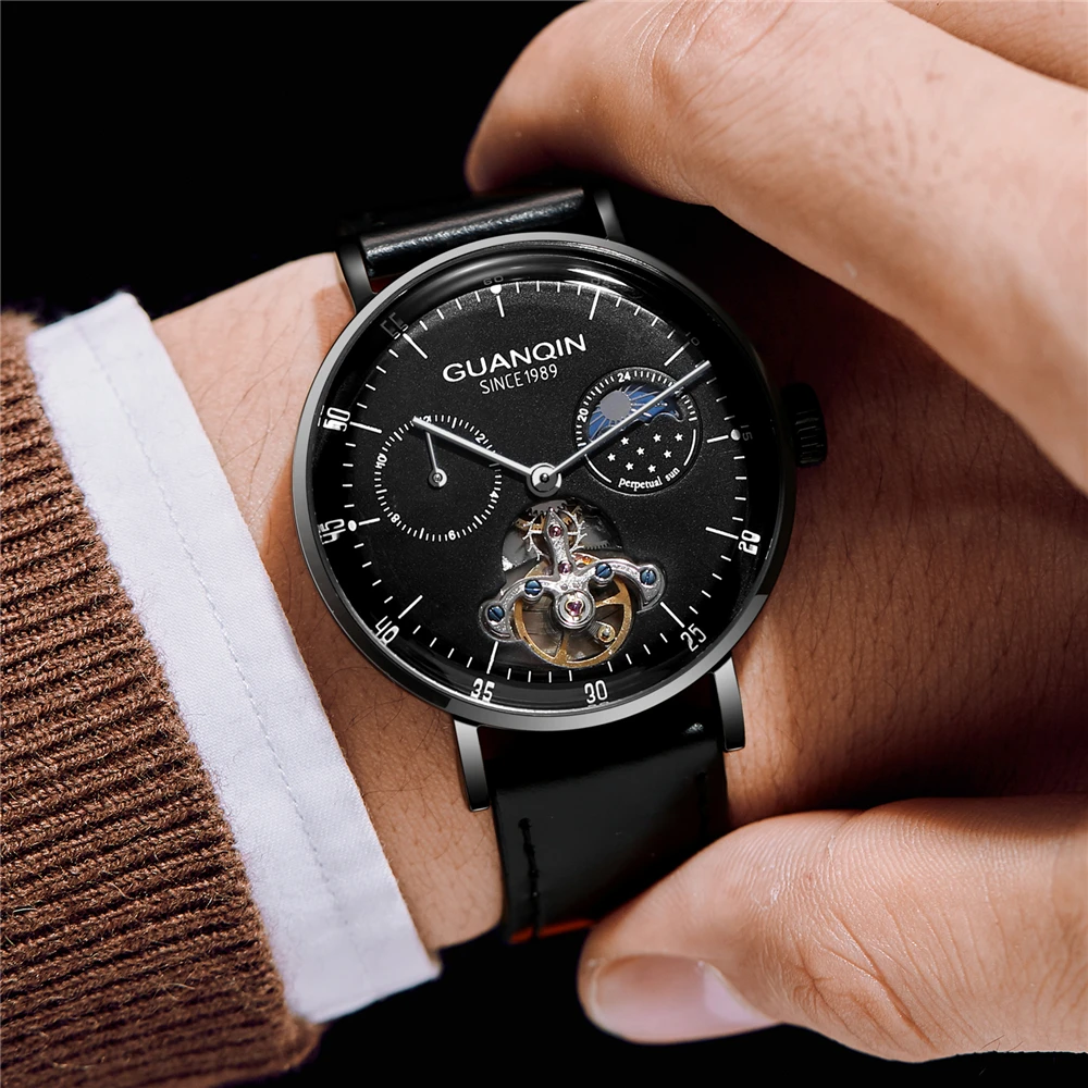 Мужские автоматические механические часы GUANQIN Tourbillon роскошные кожаные