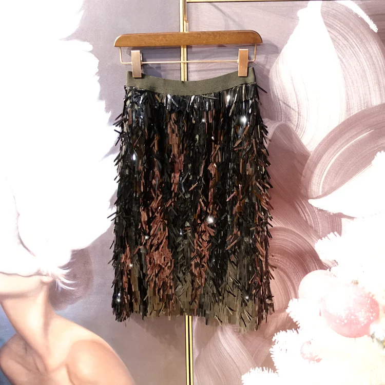 Cakucool/черная юбка с блестками; тонкая юбка трапециевидной формы; украшенная бисером юбка с высокой талией; дизайнерские вечерние юбки для клуба с объемным разрезом; универсальная юбка