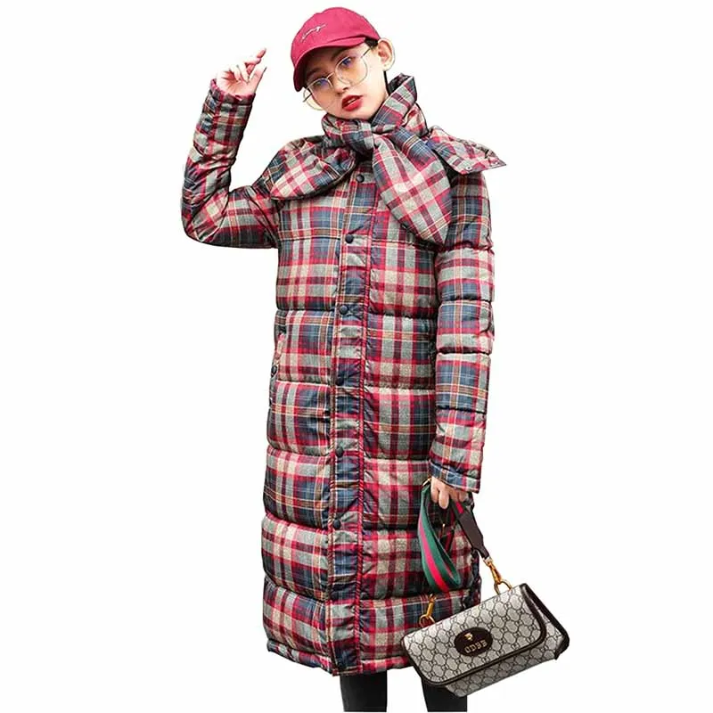 

2019 Plus size Winter plaid Down cotton jacket womens Hooded parkas long coats students Cotton-padded jacket Thicken female G414