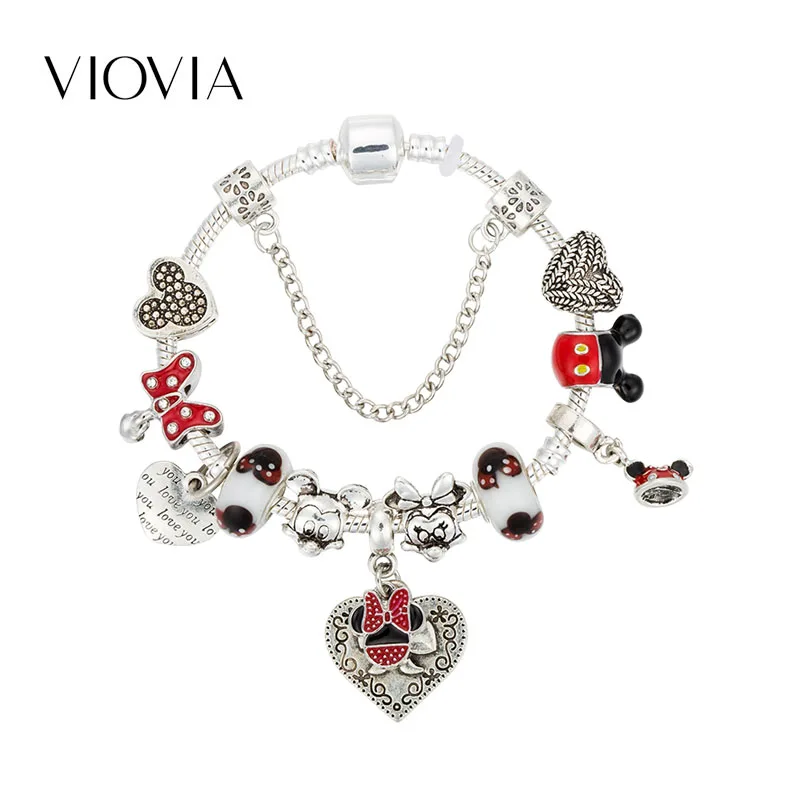 VIOVIA цепочка с Микки-Маусом, очаровательные браслеты и ювелирные женские браслеты, серебряные бусины Минни, браслет для женщин, подарок B19017