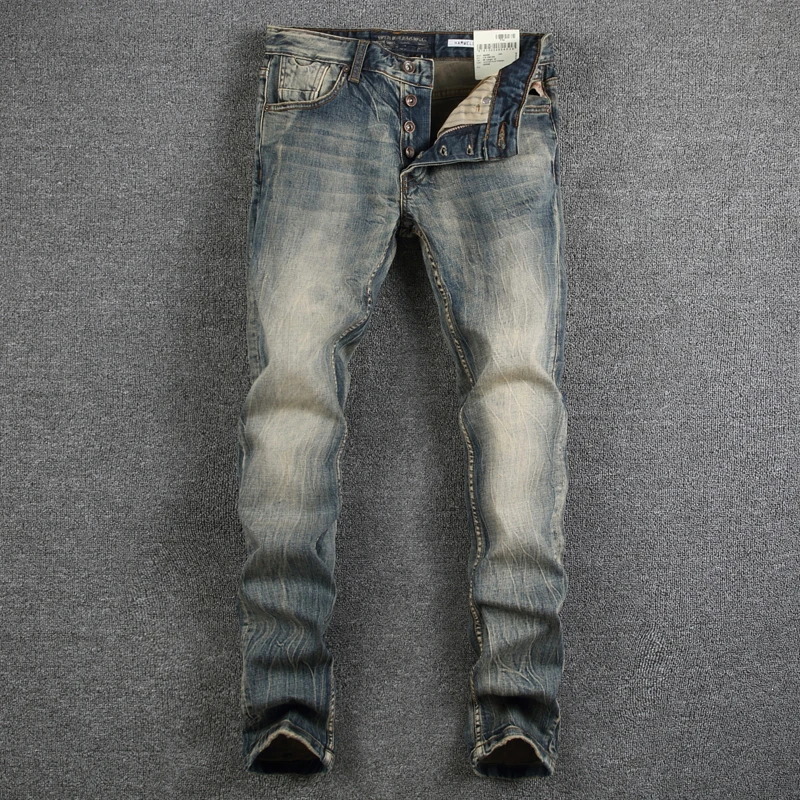 Итальянский Винтаж Стиль модные мужские джинсы Ретро Омывается Slim Fit хлопковые пуговицы джинсы джинсовые штаны homme бренд классической