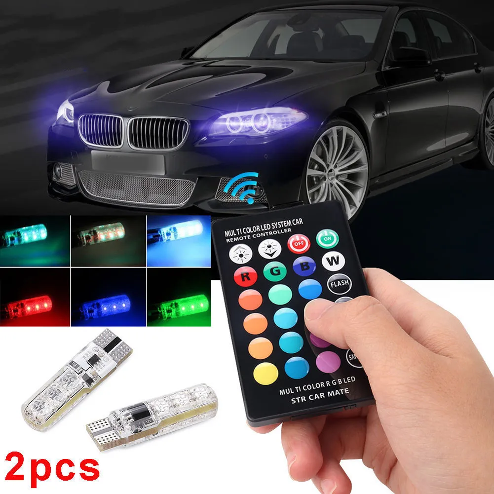 

2 Pcs/Set 12V LED Car Light With Remote Control T10 5050 SMD RGB Auto Interior Dome Wedge Strobe Lamp Bulbs TD326
