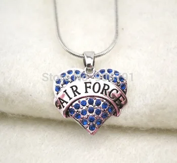 

fashion 50pcs a lot rhodium plated AIR FORCE with BLUE crystal heart pendant necklace