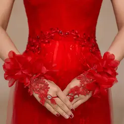 Красный Свадебные перчатки ручной работы свадебные цветы Прихватки для мангала бисером Кружево Прихватки для мангала в наличии Свадебные