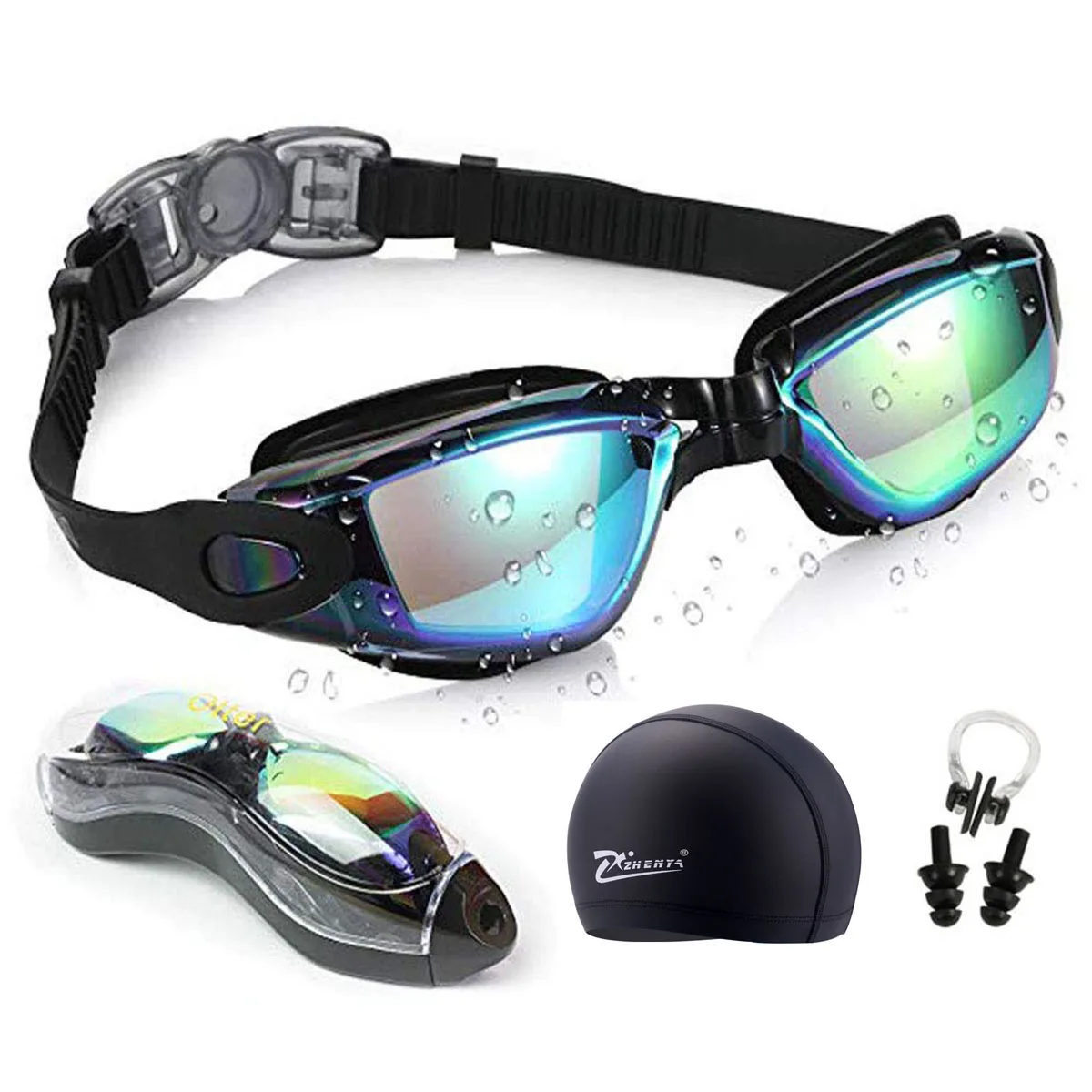 Swim Goggles Anti-fog UV Swim Caps Professional Silicone Swimming Glasses Case Nose Earplug Kids Men Women Diving Eyewear