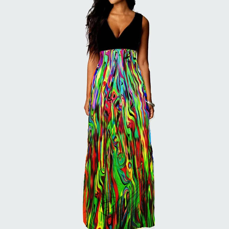 Plus Size Summer Maxi Dress Women Sexy V neck Sleeveless High Waist
