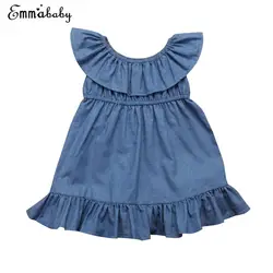 Платье для маленьких девочек с открытыми плечами платье из джинсовой ткани детские праздничные платья оборками плиссе Повседневное