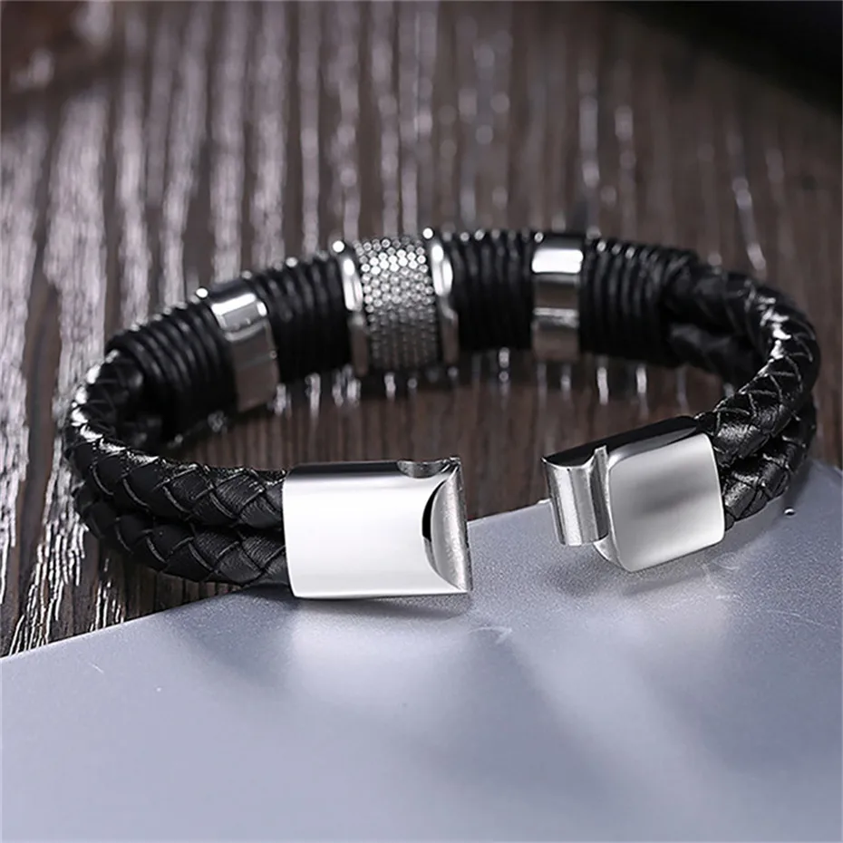 Black Simple Geometric Weaving Mens Bracelet Charms Leather Stainless Steel Boy Fashion Jewelry Father's gift  (7)