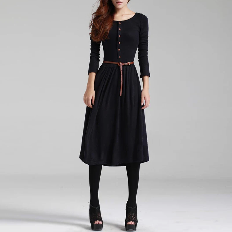 

OVESPORT Casual Long Sleeve Green Black Dress Women 2019 New O-neck Button Autumn Dress Lady Cotton Solid Ankle-Length Vestidos