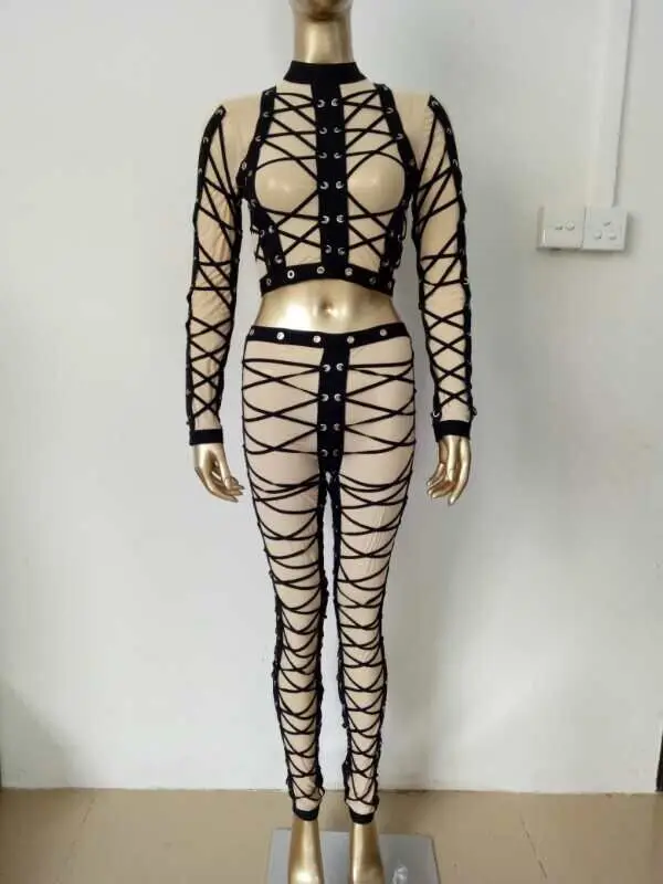 Celebrity High Quality Black Nude Mantual Weaving 2 Pieces Bandage Set Night Club Party Set Celebrity High Quality Black Nude Mantual Weaving 2 Pieces Bandage Set Night Club Party Set