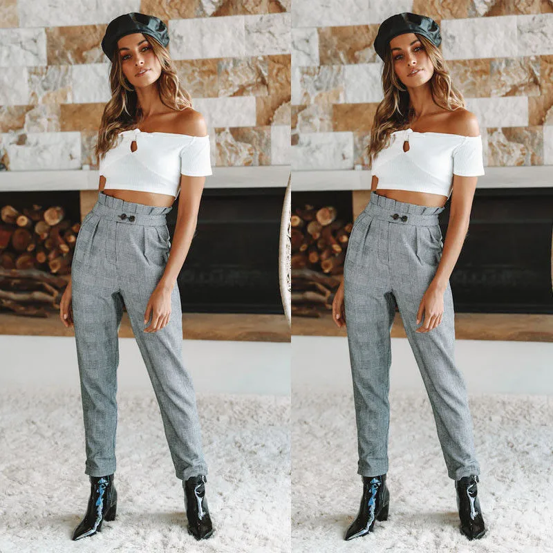 2018 женские Модные Новые однотонные Цвет брюки с высокой талией Paperbag Cigaratte кнопка брюки женские брюки женской одежды