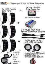 600W DIY Kits Solar System 6 x100W flexible solar panel 12V,1 x 30A solar controller, 1x 1000W inverter,full cable for universal