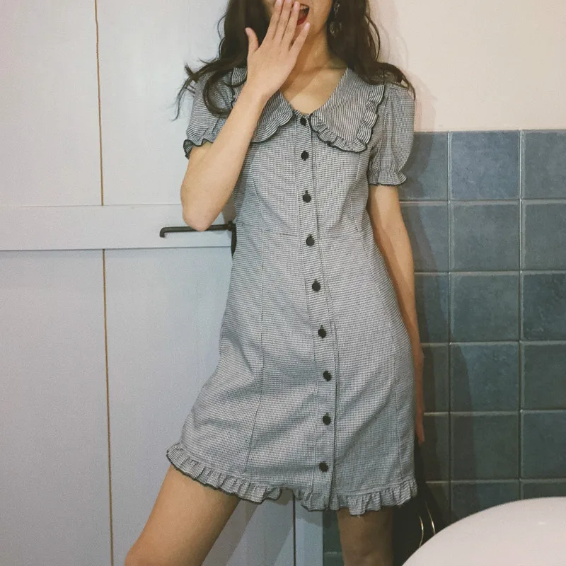 2019 повседневное корейское летнее платье женское Kawaii белое черное клетчатое