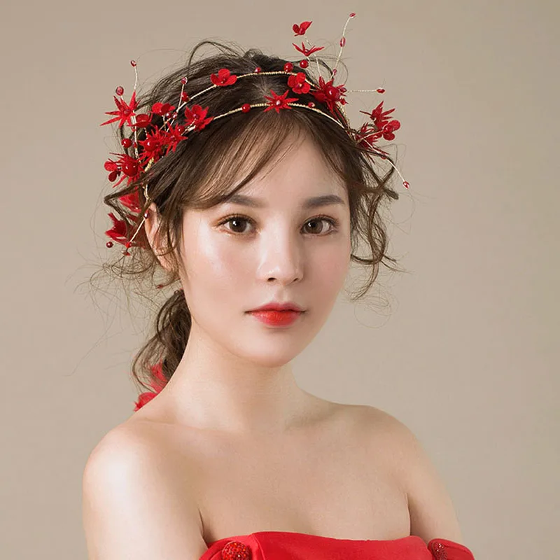 

Pop Bridal Hairbands For Women Dress Hair Jewelry Accessories Handmade Flower with Pearl Stone Two Layers Fairy Hairwear Y004