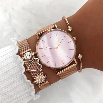 

Mavis Hare The Perfect Match Mesh Charm Bracelet set include Seashell Wrist Watches and Crystal Cuff Bangle Rose Gold Mixed 8pcs