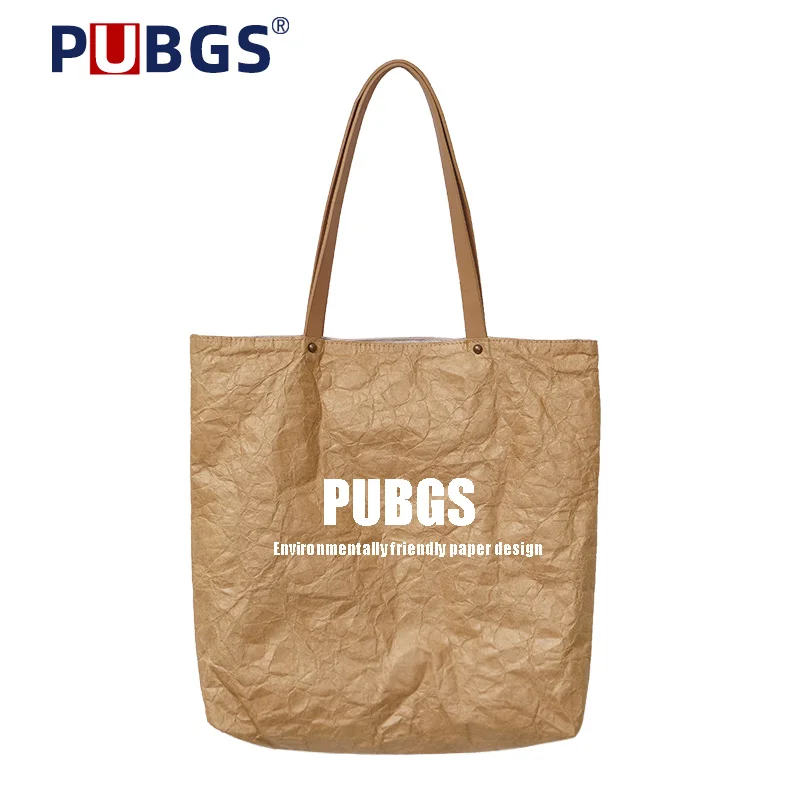 

Women Shoulder Bag Vintage Casual Tote Pleated Waterproof Large Capacity Environmental Friendly Washed Kraft Paper Daily Handbag