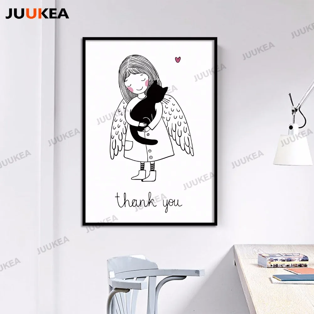 Hitam Putih Kawaii Lucu Perempuan Dan Kucing Terima Kasih Quote