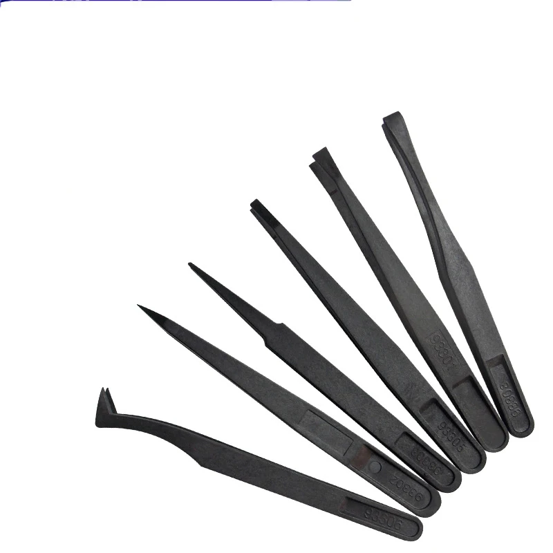 

6 sets of anti-static tweezers pointed flat head tweezers carbon fiber synthetic dust-free purification curved mouth tweezers