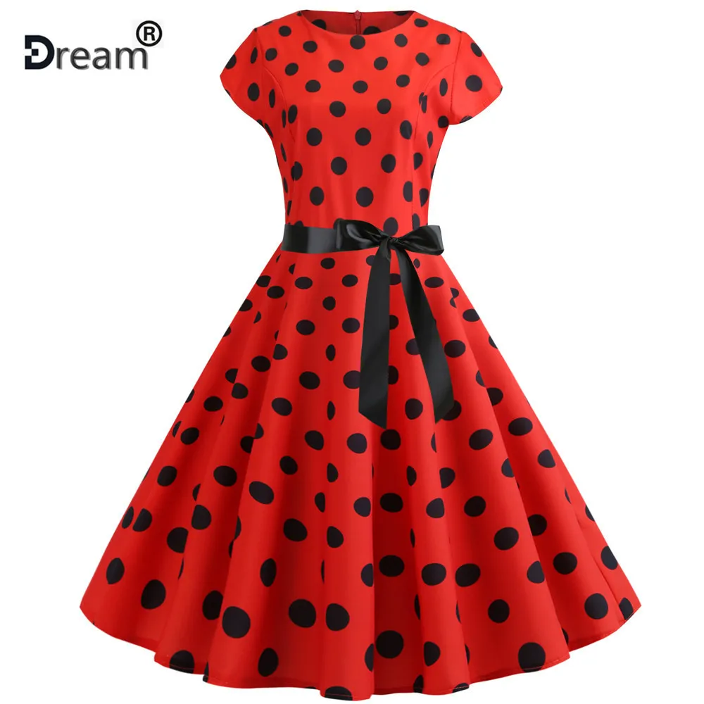 

Red Black Polka Dot Dress Women Summer Short Sleeve Hepburn Dresses Retro Robe Vintage Dress 50s 60s Rockabilly Pin Up Plus Size