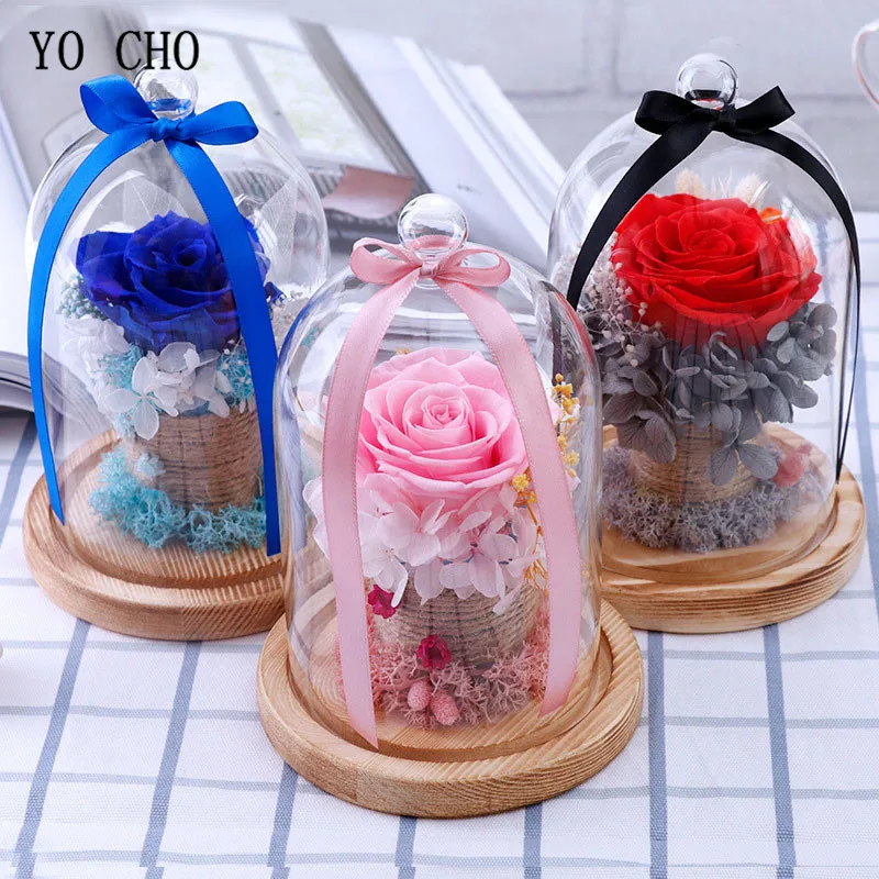 

YO CHO Dried Flowers Rose Eternelle Prince Glass Cover Fresh Preserved Roses Flower In Dome for Wedding Decoration Gift for Wife