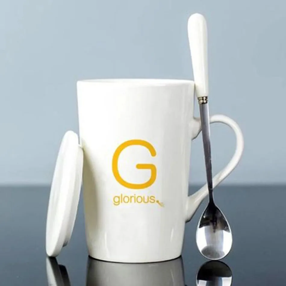 Креативная кофейная чашка с буквенным принтом с крышкой и ложкой пара стакан кружки дорожные чашки и кружки друзья подарок MC070701 - Цвет: White G