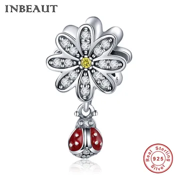 

INBEAUT New 925 Sterling Silver Lovely Red Ladybug Elegant White CZ Daisy Beads fit Original Charm Bracelet Original DIY Fashion