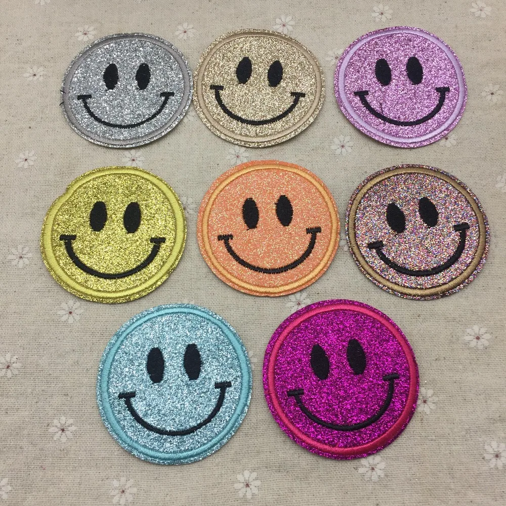 10pcs 6.2cm DIY Embroidered Emoji Glitter Patches Smile Face Iron On