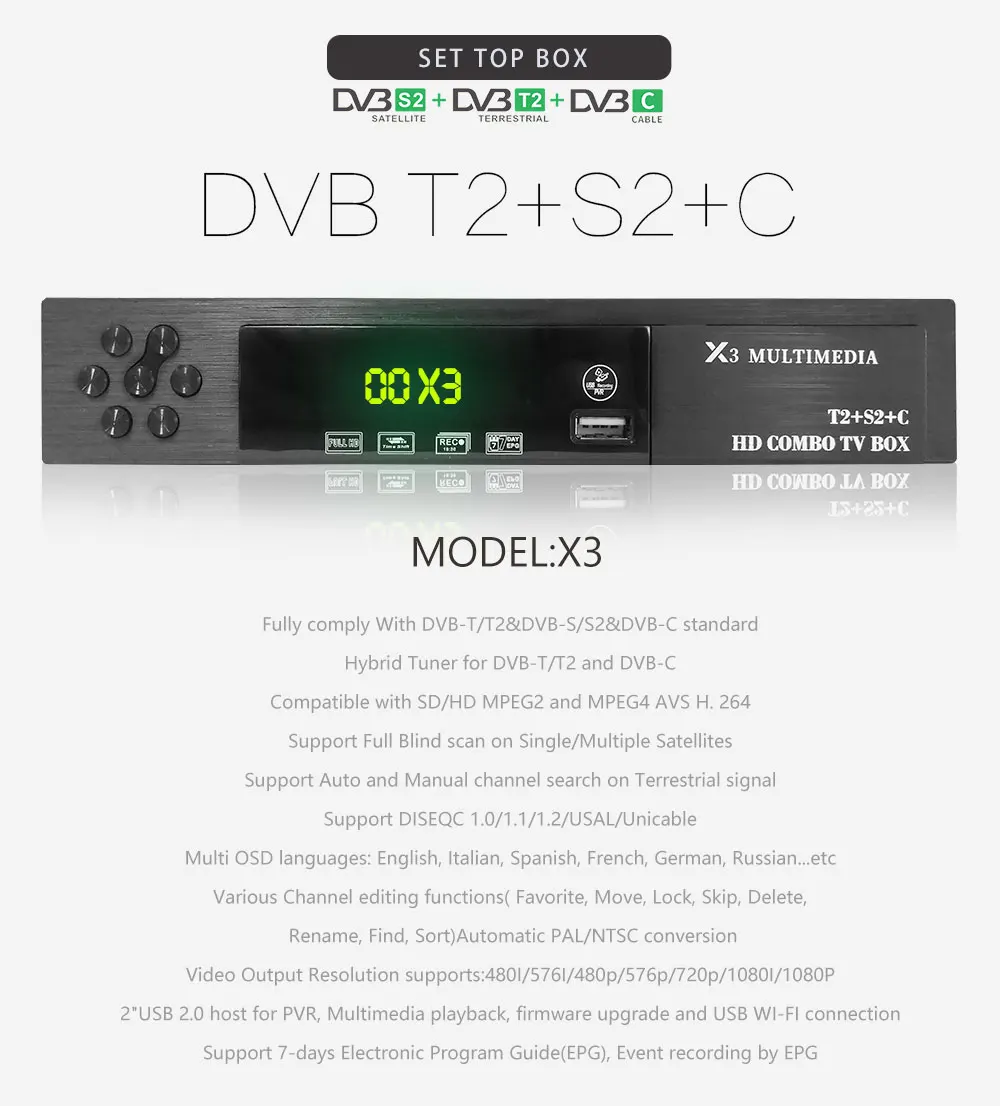 Горячая DVB-S2 VMADE x3 hd с USB wifi FTA ТВ приемник dvb-s2 DVB-T2 hd мощность wifi FTA AC3 ТВ Поддержка Европа cline сетевой обмен